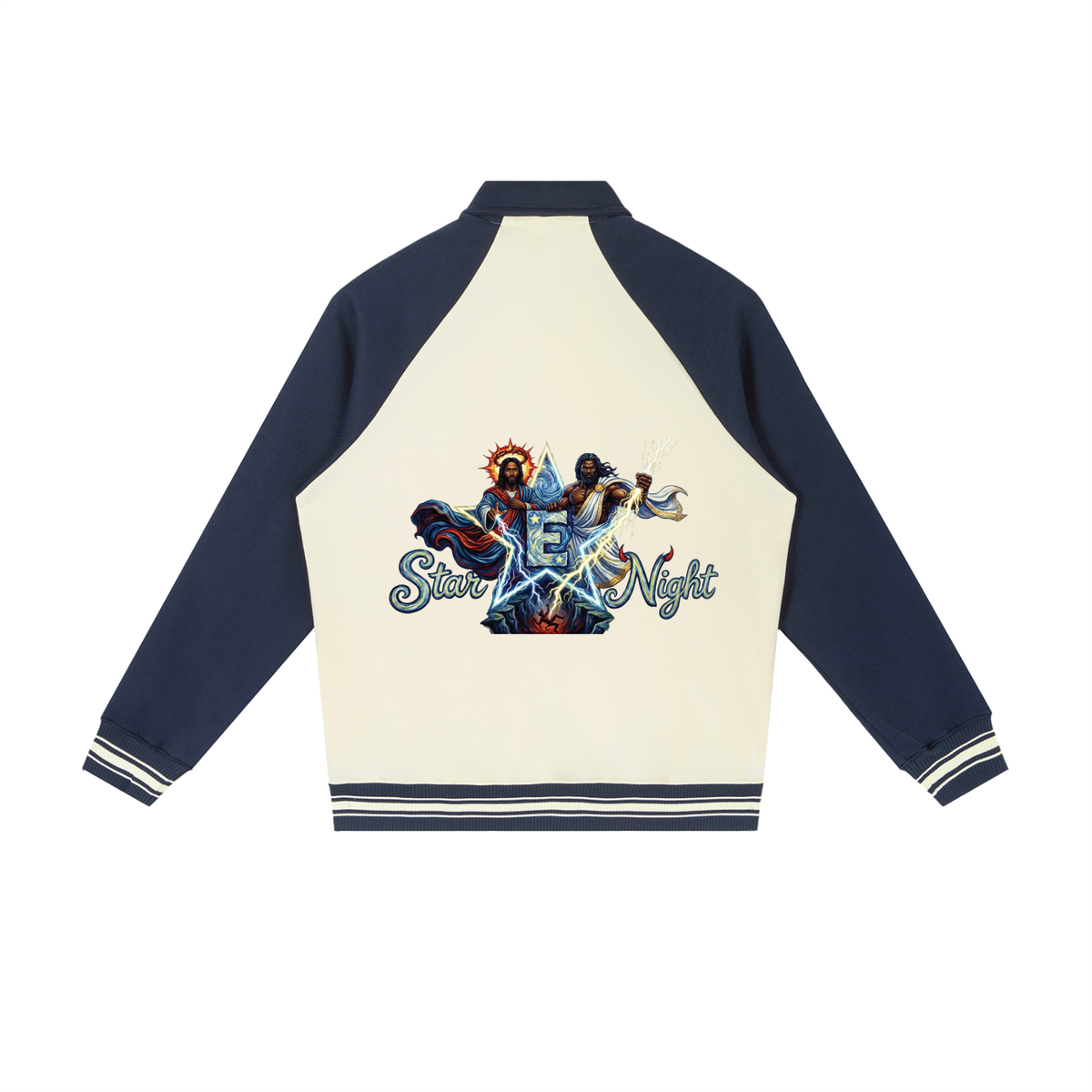 Jesus and Zeus Vs Everybody Contrast Raglan Sleeve Baseball Jacket