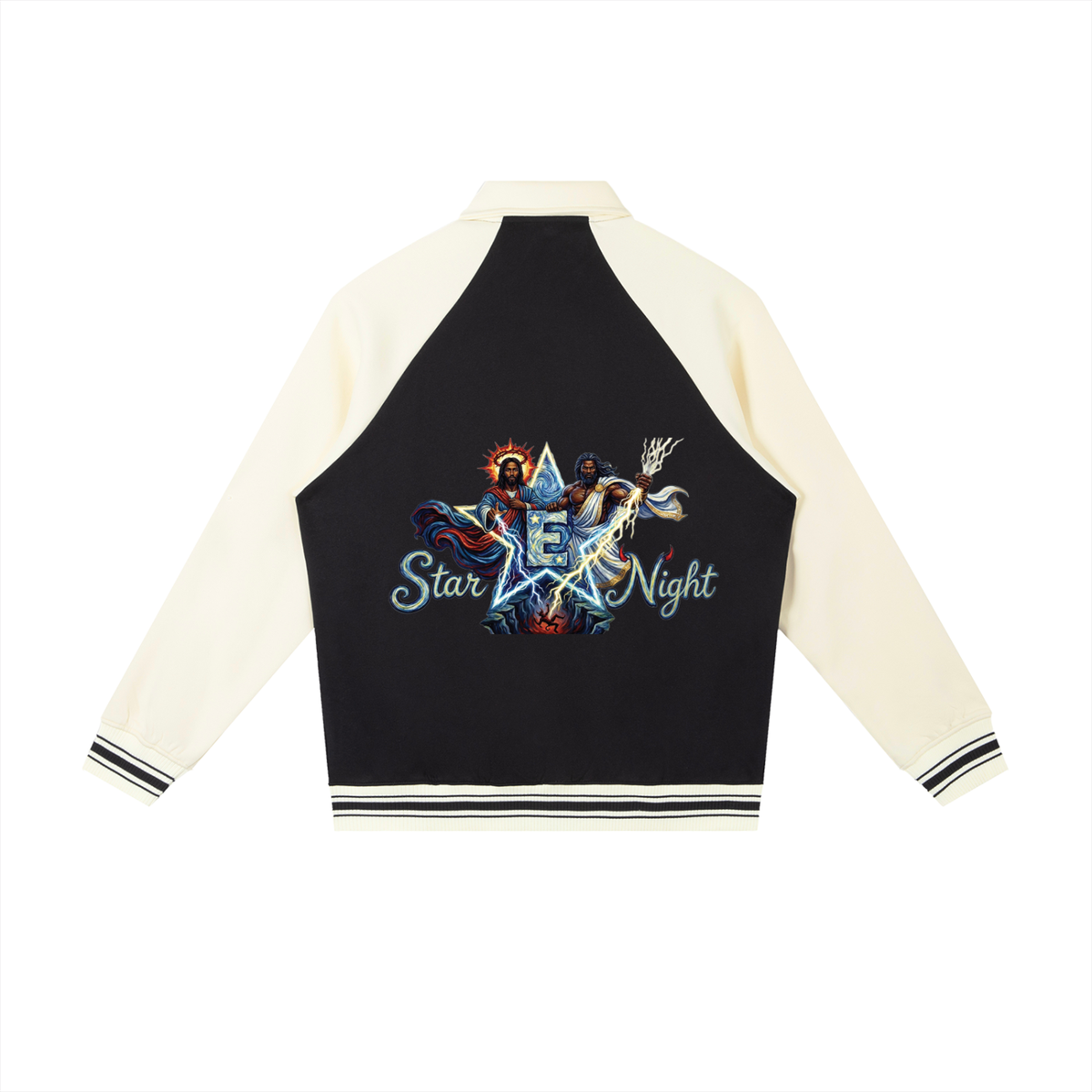 Jesus and Zeus Vs Everybody Contrast Raglan Sleeve Baseball Jacket