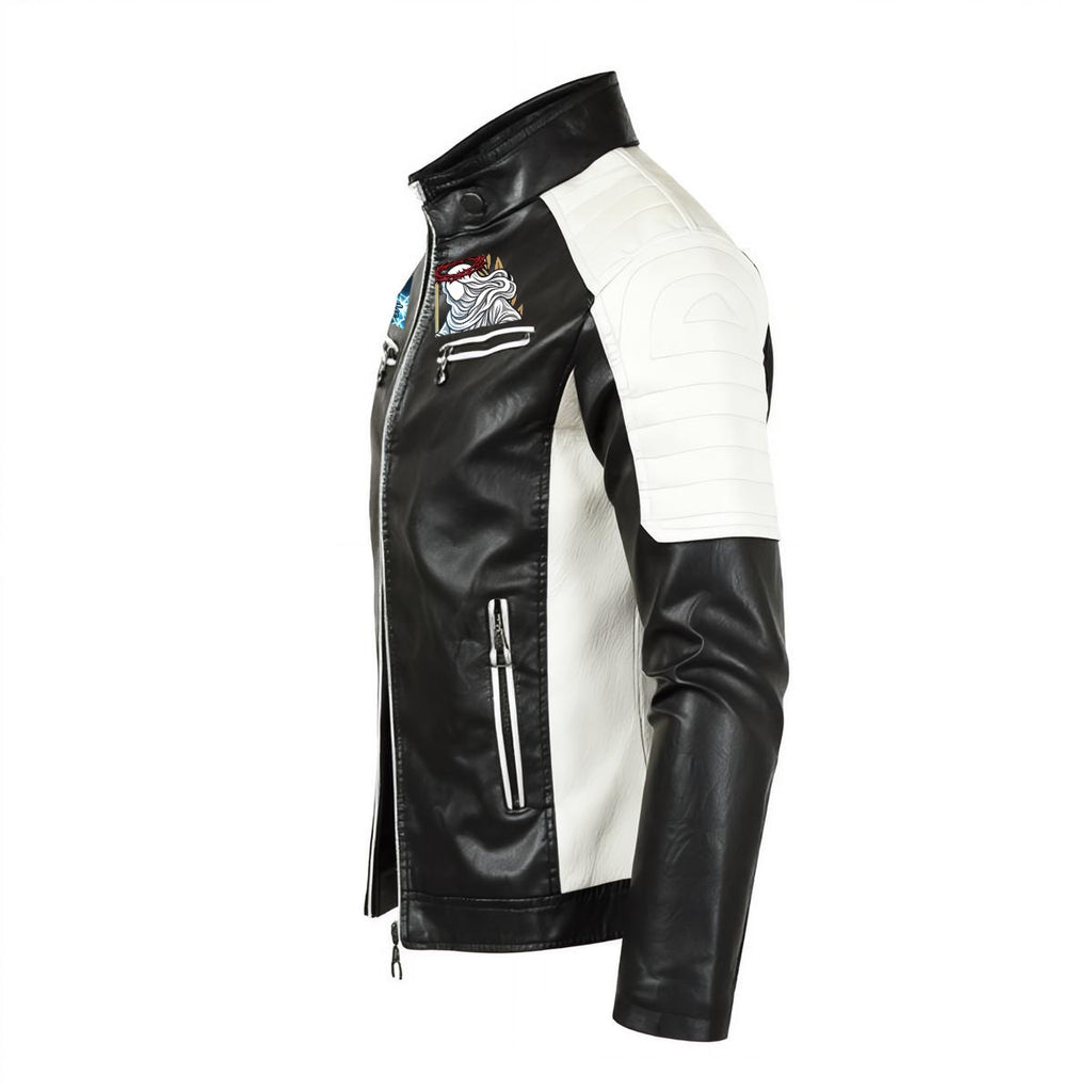 Zeus Becomes the Light Men's Stand-up Collar Block Slim-fit Leather Jacket (DTF)