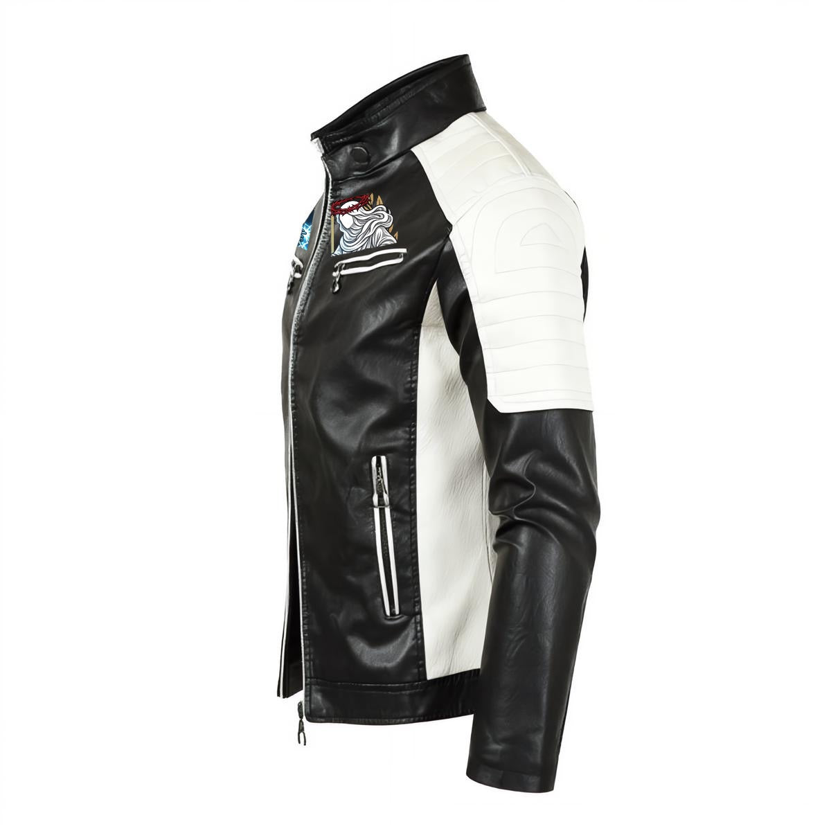 Zeus Becomes the Light Men's Stand-up Collar Block Slim-fit Leather Jacket (DTF)