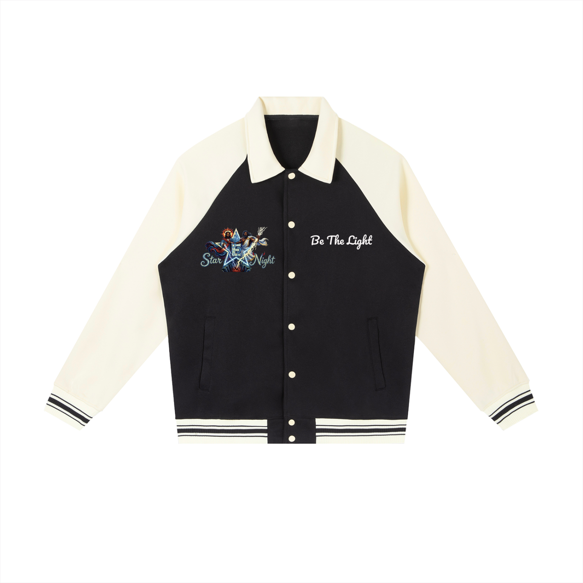 Jesus and Zeus Vs Everybody Contrast Raglan Sleeve Baseball Jacket