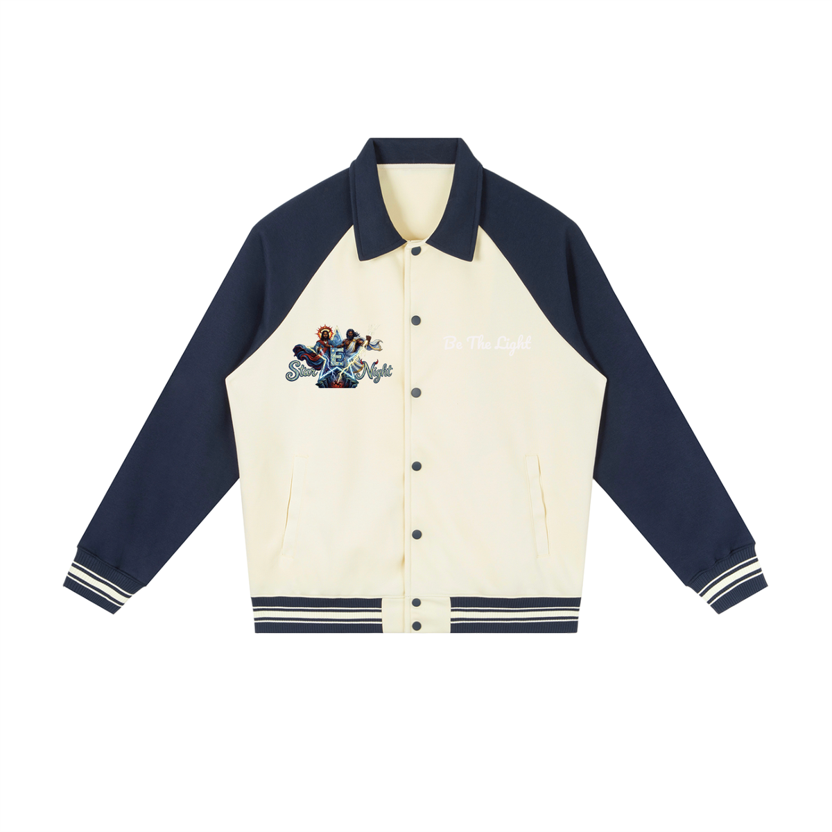 Jesus and Zeus Vs Everybody Contrast Raglan Sleeve Baseball Jacket